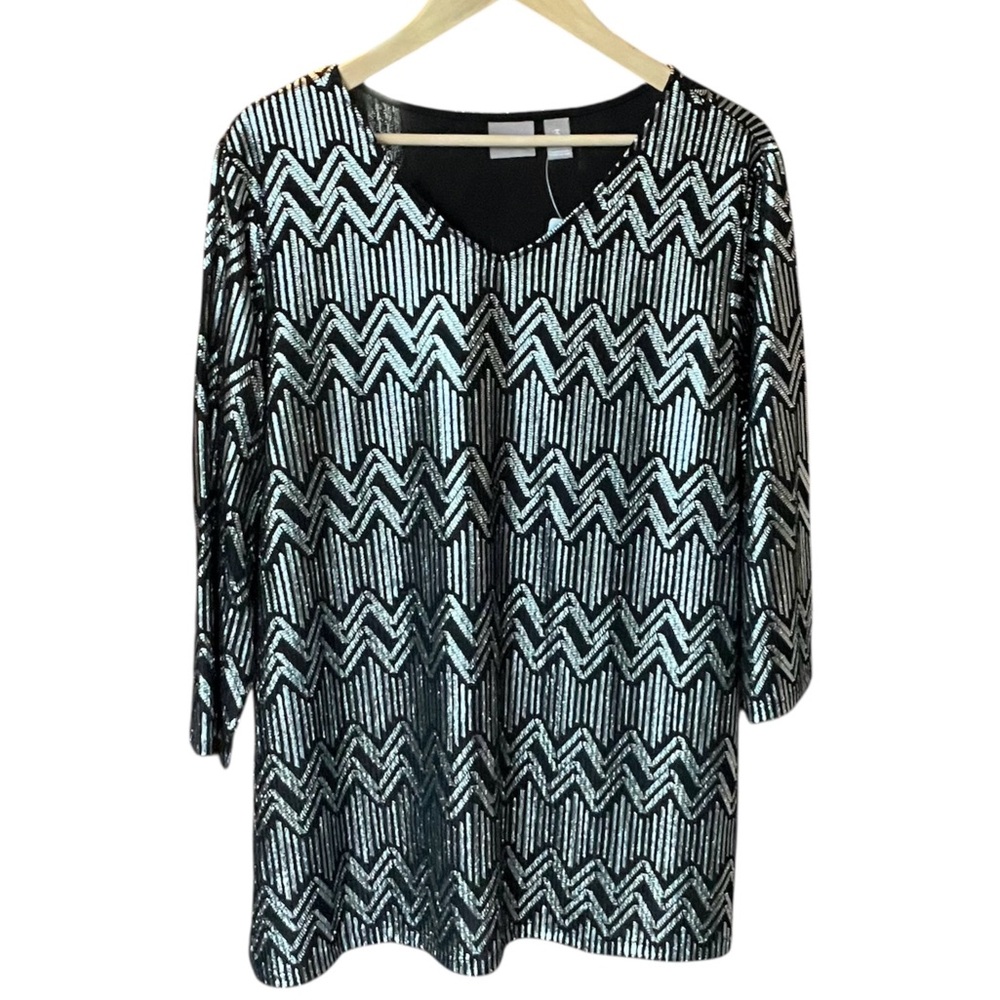 Chico's Black and Silver Chevron Foil Tunic - Size 3 (US 16)